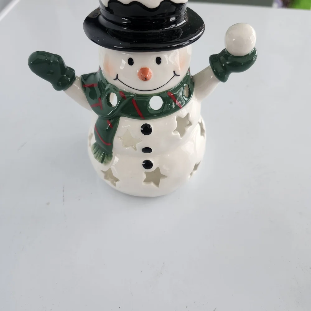 Ceramic Snowman Candle Holder Christmas Winter Holiday Decor White Green Descri